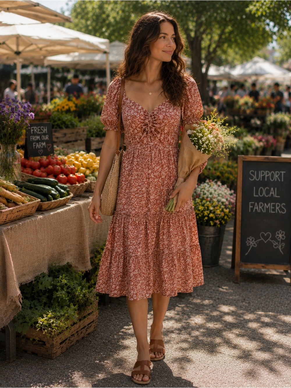 L Love Mauve Ditsy Floral Tiered Midi Dress Boho Cottagecore Peasant Milkmaid 2X